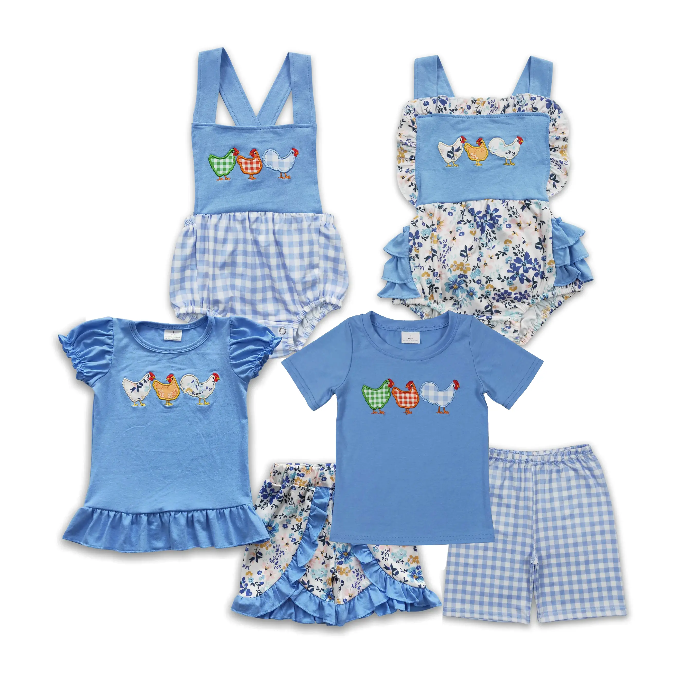 Girls' Chicken & Blue Flower Embroidered Bubble Romper, Baby Clothes Girl Cute Clothing Set