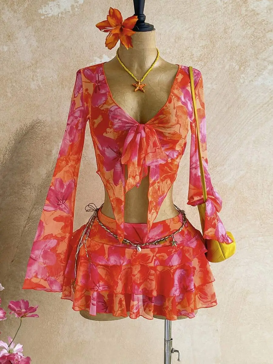 HERMIA Women's Vacation Tie-Up Asymmetrical Floral Print Top And Multi-Tier Hem Skirt 2-Piece Set,Autumn Outfits For Women Vacation Beach Red Orange Tropical