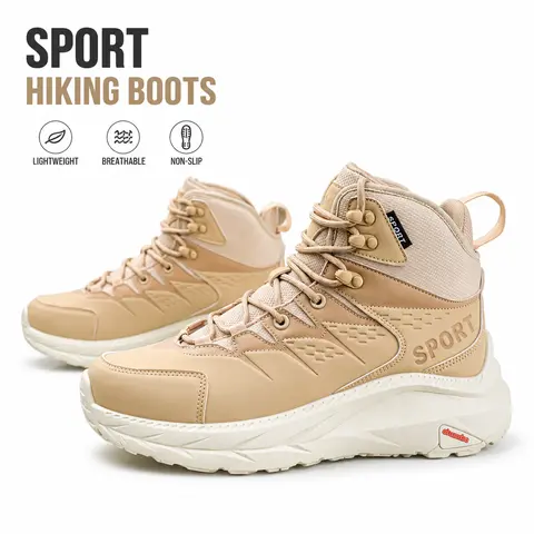 Men's Hiking Sneakers High Top Lace Up Padded Collar Lightweight Comfort Outdoor Camping Trekking Casual Shoes Black Beige