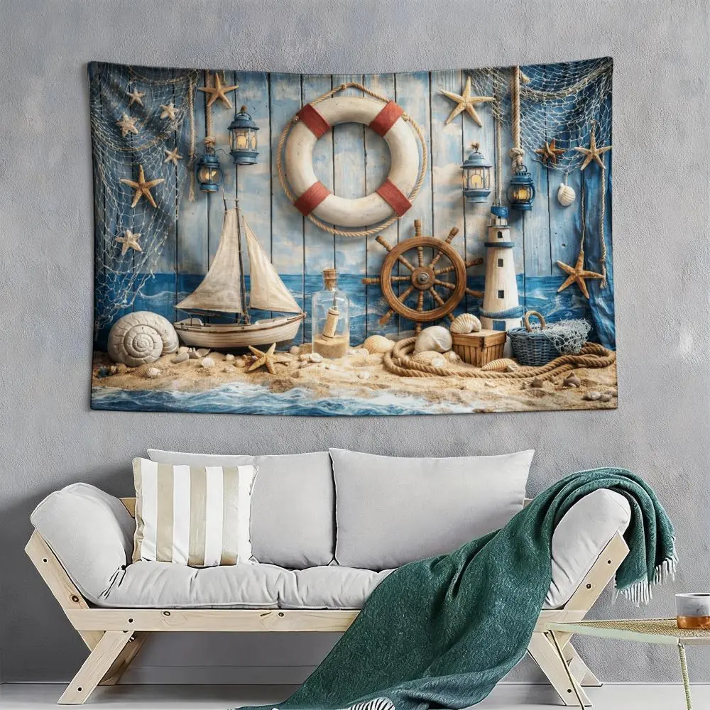 2D Flat, 2D Nautical Backdrop Suitable for Sea Parties& Photo Backgrounds- Wrinkle-Resistant Soft with Red Stripe Lifebuoy, Ship Wheel, Lighthouse, Sailboat, Starfish, Seashell Decorations- Reusable Maritime Theme for, 2D Flat