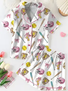 Softball Satin Pajama Set for Women, Sporty Print Sleepwear, Smooth Lightweight Two Piece Loungewear, Casual Summer Home Outfit Gift Idea