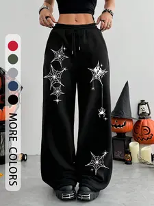 Women's Halloween Spider Web & Star Print Gothic Wide Leg Pants, Fit, Comfortable Casual Fashion, All Season Everyday Wear, Stylish Daily, Aesthetic