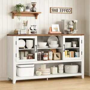 53" Kitchen Buffet Sideboard Cabinet - Coffee Bar Table with 2 Glass Doors and 3 Shelves, Modern Storage Cabinet for Living Room, Entryway, Dining Room