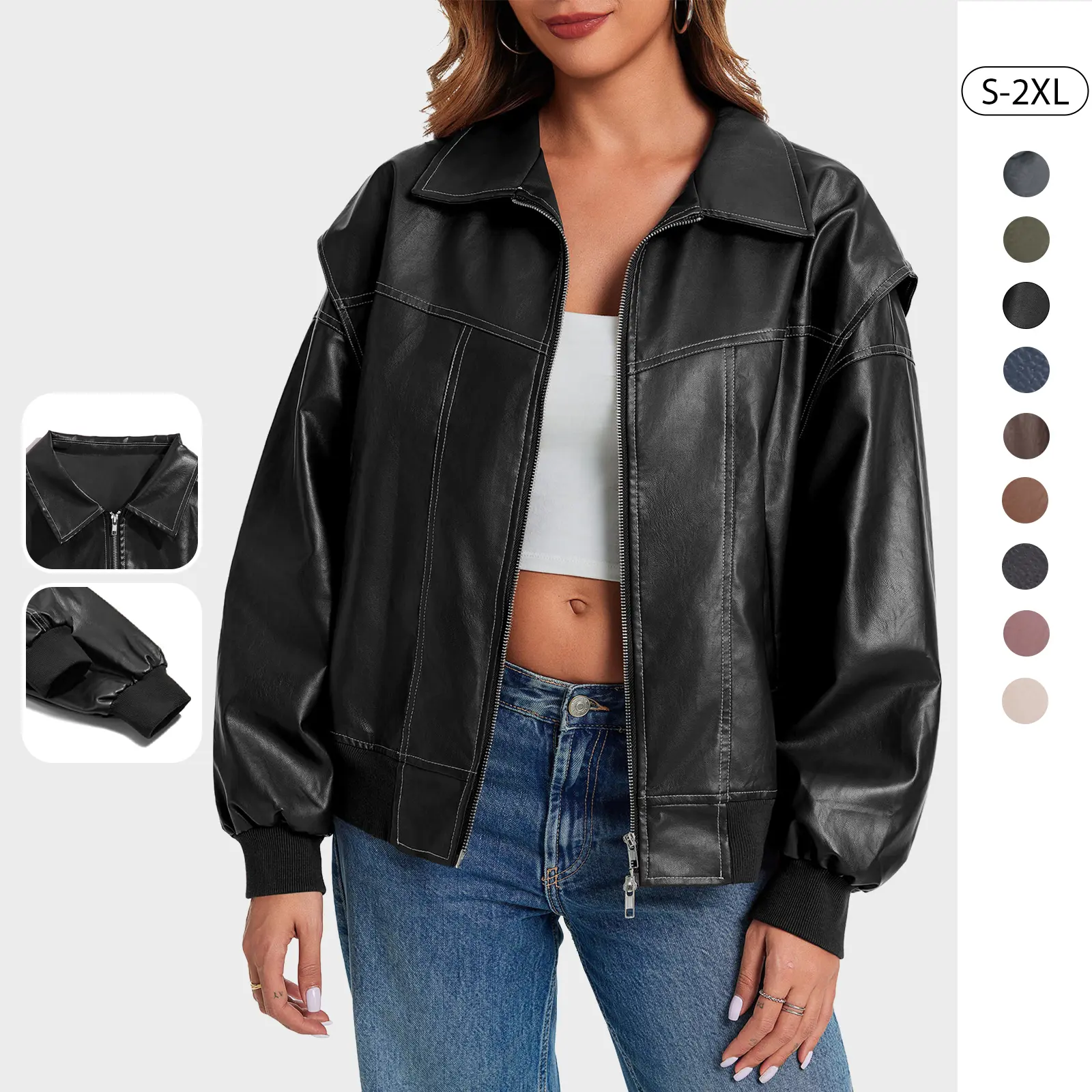 TANKANEO Women's Oversized Faux Leather Bomber Jacket, Long Sleeve Zip Up Moto Outerwear with Pockets