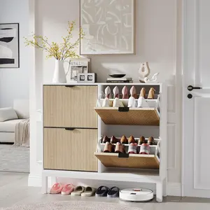 White Fluted Shoe Storage Cabinet-with four Flip Drawers-Narrow Wooden Shoe Organizer-with Metal Legs Modern Farmhouse Hidden Shoe Rack-for Entryway Hallway Adjustable Decorative Plants Shelf