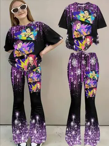 Sweet Cool Style 3D Set, Gradient Colorblock Print, Short Sleeve Flared Pants Two-Piece Set, Casual Slim-Fitting