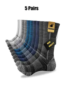 5 Pairs Men's Crew Work Socks, High-Quality All-Season Hiking Running Sports Socks, Mid-Calf Boot Socks for Men