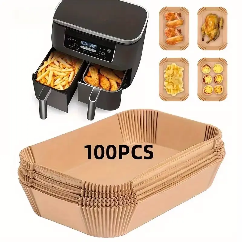 100 pieces of high-quality air fryer pad paper - non stick, oil proof, waterproof, suitable for Ninja dual-purpose air fryer and oven rectangular baking paper, easy to clean, essential baking supplies and accessories for the kitchen box