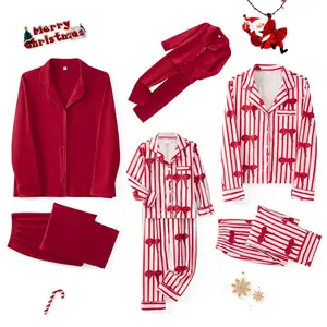 Matching Family Pajama Set – Lapel Collar Button-Up Long-Sleeve Top + Long Pants, Christmas Two-Piece (Bow/Solid Color), Loungewear Sleepwear Outfit