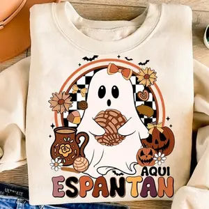 Aqui Espantan Sweatshirt, Ghost Shirt, Halloween T-shirt, Spanish Halloween Sweater, Halloween T-shirt, Spooky Latina Sweatshirt, Mexican Conchas, Regalos Es Espanol