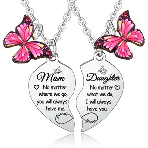 2PCs Mother Daughter Heart Matching Pendant Necklaces Set - I Love You Gifts for Mom & Daughter - Butterflies Stuff Jewelry