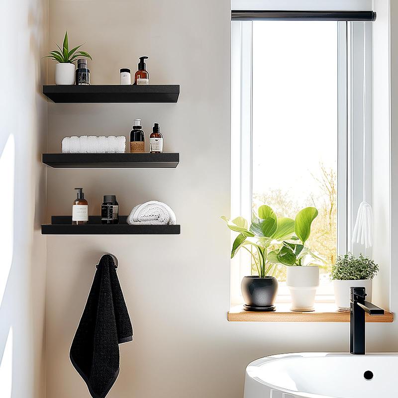 16-Inch Black Floating Shelves for Wall Storage Set of 4 - Modern Minimalist Picture Ledge Shelf Wall Decor for Kitchen, Bedroom, Bathroom, and Living Room