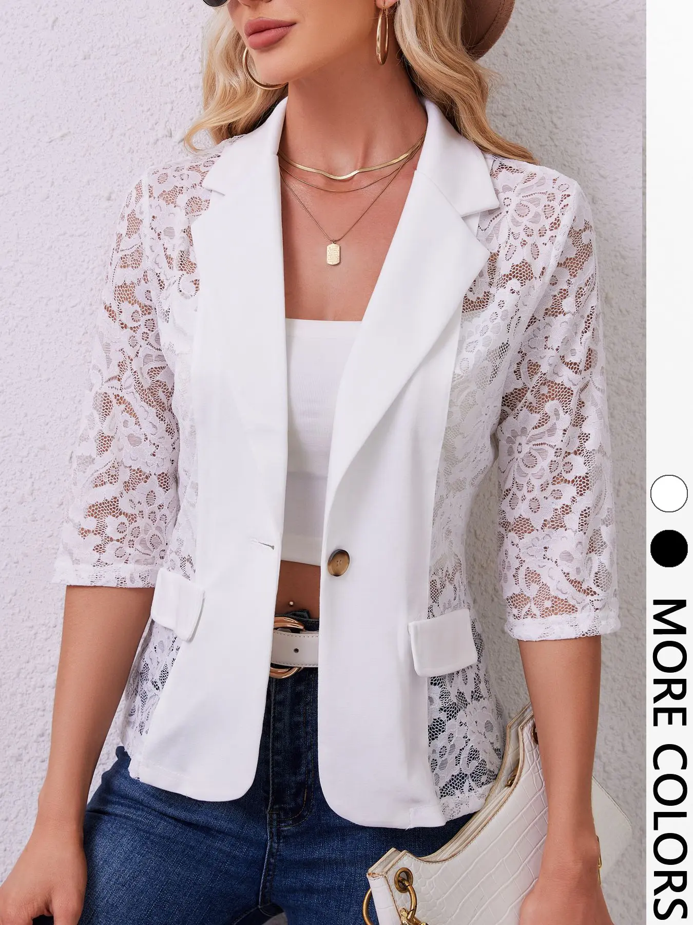 1pc Lace Spliced Half Sleeve Trendy Blazer, Single Button Slim Fit, Formal Chic Elegant Style for Commute Dating Womenswear