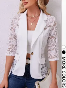 1pc Lace Spliced Half Sleeve Blazer, Single Button Slim Fit, Formal Chic Elegant Style for Commute Dating