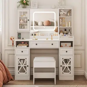 [Summergarden] Vabches Modern 44.5" W Lighted Vanity Desk Furniture - Makeup Dresser Set with Adjustable LED Lights, Power Outlet, Storage Drawers, Shelves, Cushioned Stool & Mirror for Bedroom