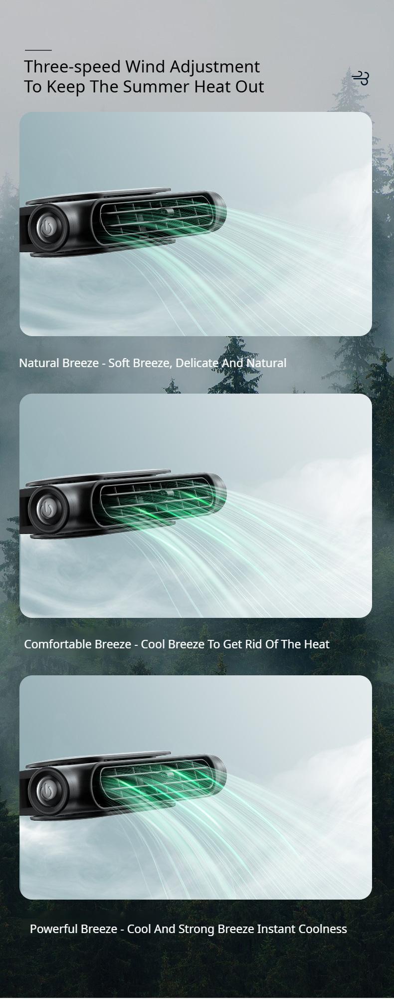 Portable fan for children in the back seat; USB-rechargeable neck-cooling fan featuring 3-speed adjustment and an air vent clip design; compatible with all vehicle models as well as home and office chairs.