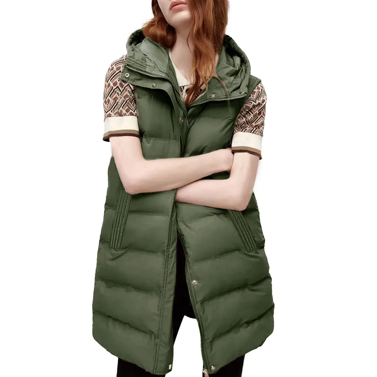 SCUSTY Women's Long Puffer Vest Cotton Sleeveless Puffy Jacket with Removable Hood