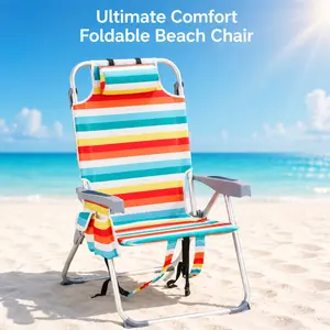 【Summer Gift】Rainbow Striped High Back Beach Chair – Aluminum Oxford Portable Tall Folding Sand Chair, Colorful Retro Lounge for Camping, Picnic, Pride & Festival