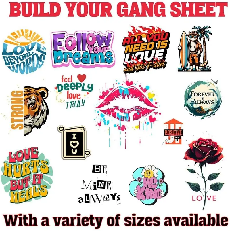 Custom DTF Gang Sheet Printing – Upload Your Design & Choose Any Size – Durable Direct to Film Transfers for T-Shirts, Hoodies, Fabrics – Heat Press Ready – Fast Processing & Shipping