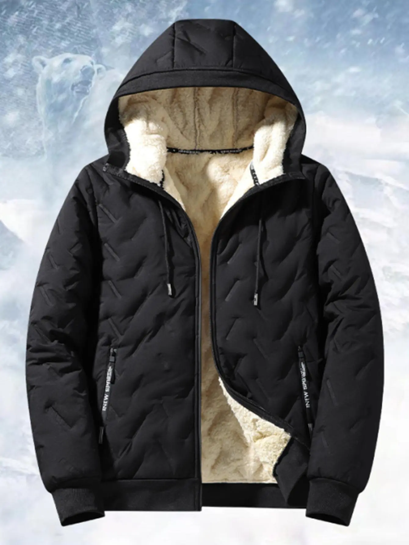 Men's Fleece Jacket Winter Hooded Thermal Quilted Windproof Outdoor Coat extra warmth