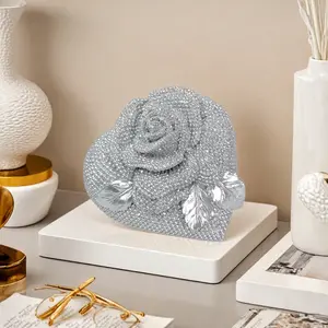 Shimmering Heart-Shaped Rose Resin Statue, Luxury Rhinestone Decor for Bedroom and Vanity, Perfect Valentine's Day Gift for Her