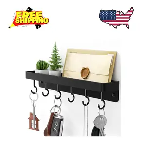 Black Key Holder Wall Mount, Stainless Steel Self Adhesive Hooks Rack with Shelf