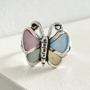 Sterling Silver 925 Mother of Pearl Multicolor Butterfly Ring