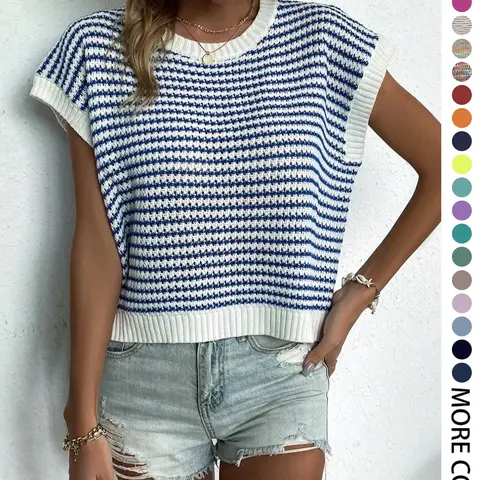 Women's Striped Round Neck Cap Sleeve Knitted Top, Summer Wear, Casual Loose-Fit Knitwear, Striped Knitted Sweater