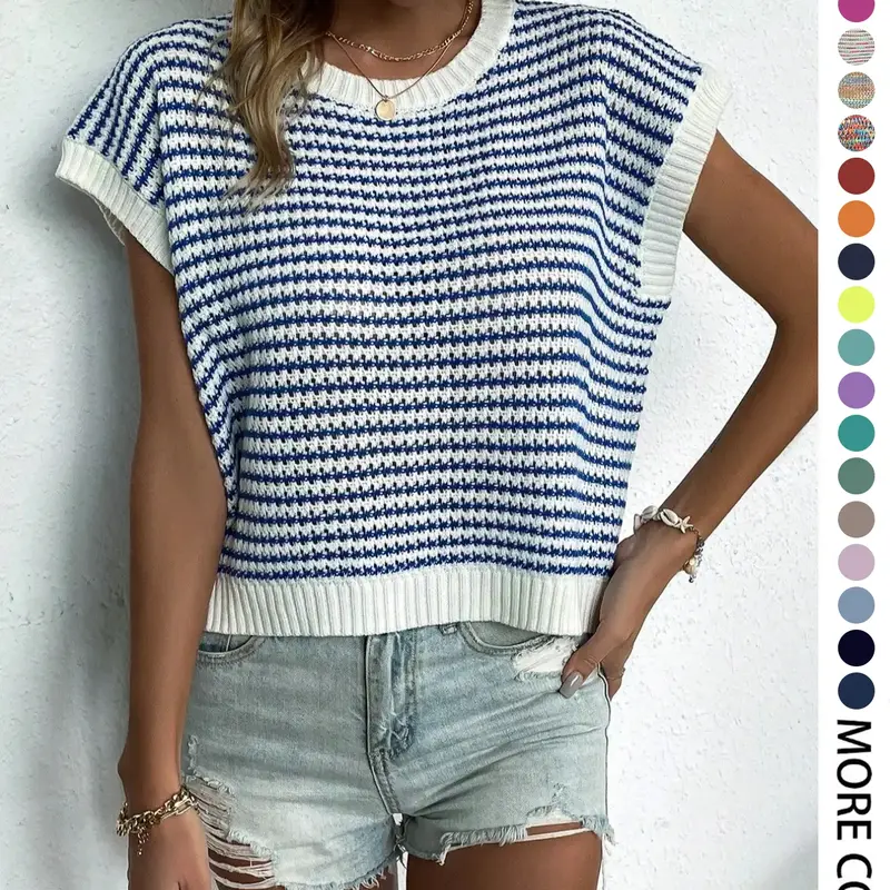 Women's Striped Round Neck Cap Sleeve Knitted Top, Summer Wear, Casual Loose-Fit Knitwear, Striped Knitted Sweater