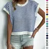 Women's Striped Round Neck Cap Sleeve Knitted Top, Summer Wear, Casual Loose-Fit Knitwear, Striped Knitted Sweater