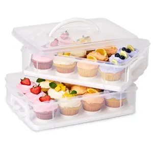 2-Layer, 24 Cupcakes Plastic Detachable Cupcake Carrier Storage Container With Lid and Handle, Freezer Dishwasher Microwave Safe