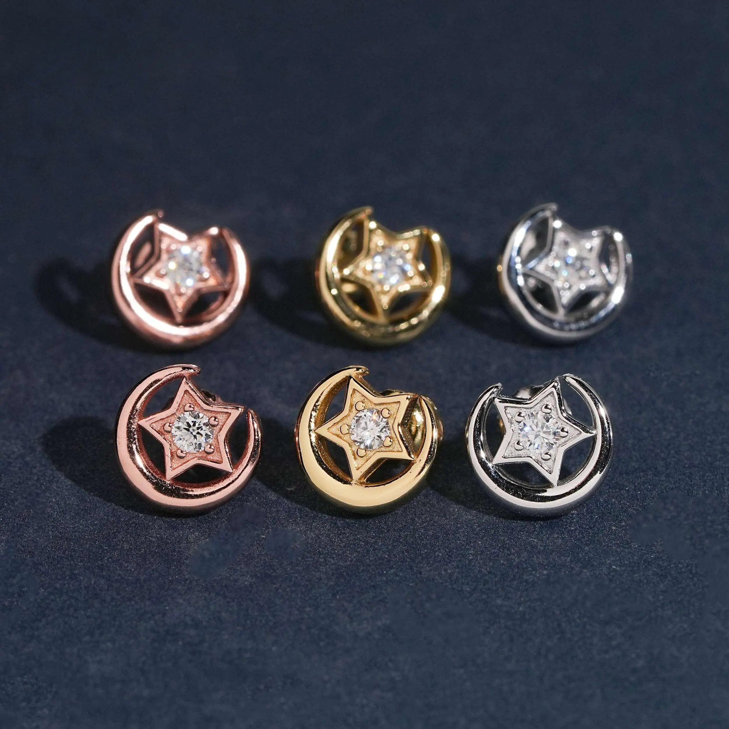 Circle Star Crescent Stud Earrings Lab Diamond – 14k Gold