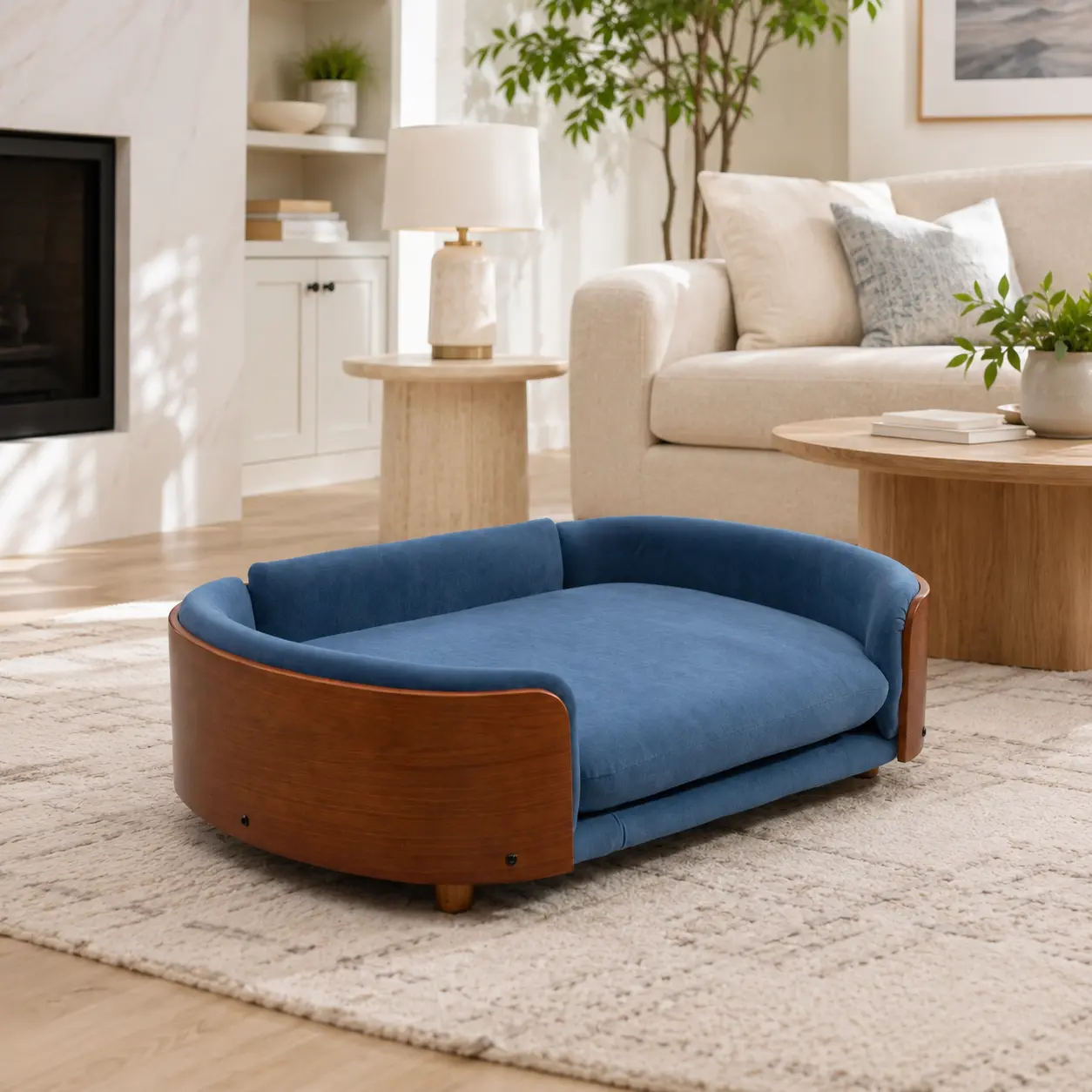 Large Elevated Dog Sofa Bed Scandinavian Style Velvet Pet Couch with Solid Wood Legs and Walnut Bentwood Back