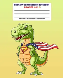 Primary Composition Notebook Grades K-2: Full Page Handwriting Practice Paper With Dashed Midline - Superhero T-Rex (Green Dinosaur Series)