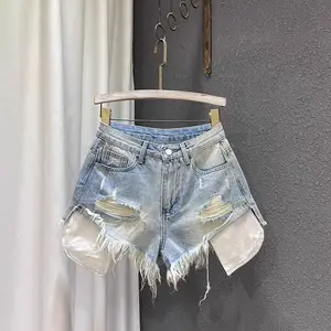 Women's 2025 Summer New Slim-Fit High-Waisted Light-Colored Distressed A-Line Wide-Leg Jean Shorts, Plus Size Bottom, Hot Girl Hot Pants