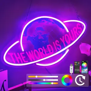 The World Is Yours Neon Sign - Custom Timer Multicolor The World Is Yours Sign - /APP/Remote Control Planet LED Sign - Planet Neon Sign for Wall Decor, Bedroom,  Room, Office 15.7"x9.8"