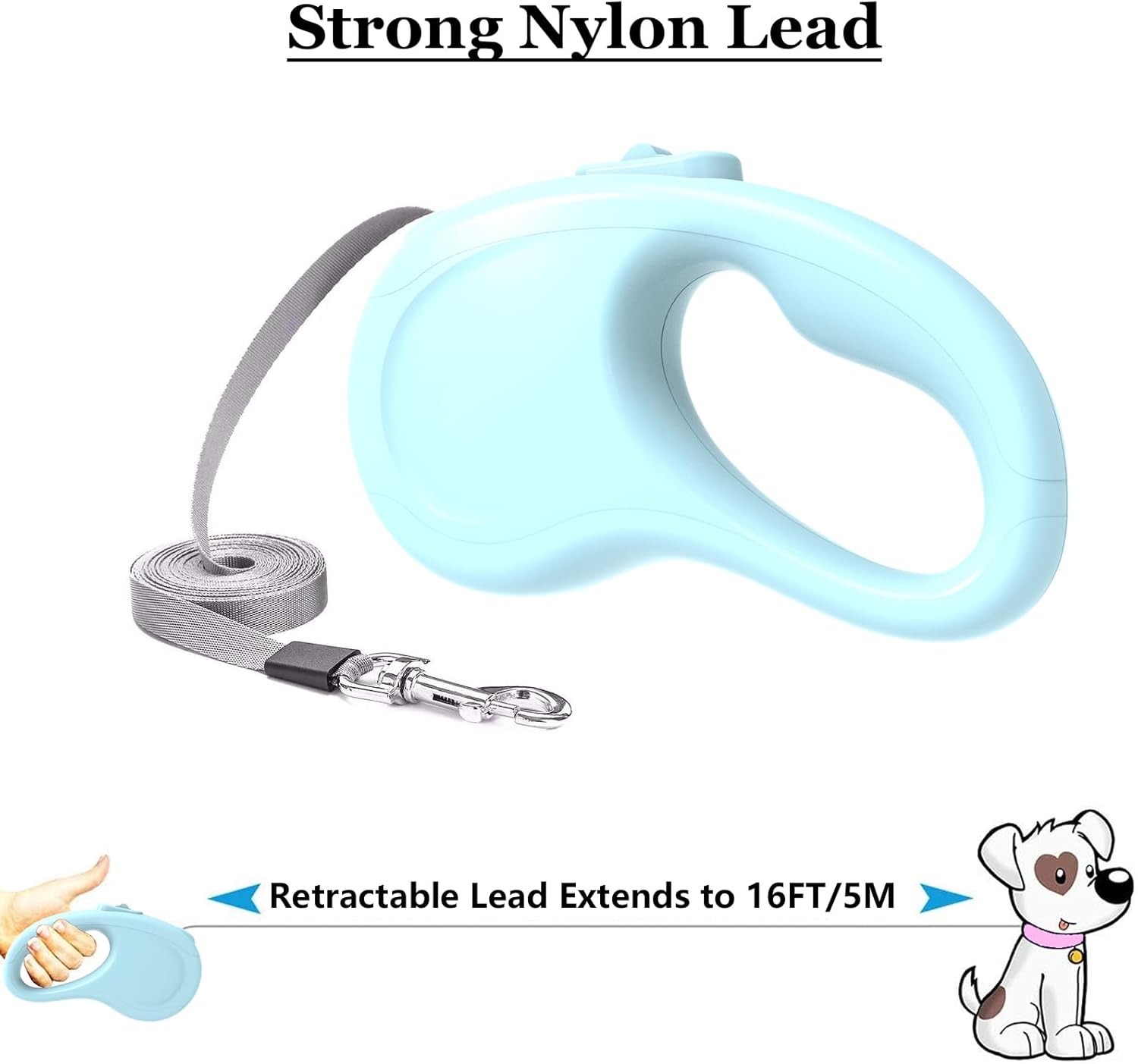 Retractable Dog Leash 16Ft/5M, Lightweight Retractable Lead for Small Medium Dogs & Cats Up to 50lbs, Strong Nylon Tape, 360° Tangle-Free One-Hand Brake