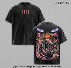 P.A.I.N Nagato Orange Hair Rinne Eye God Ninja Six Paths Leader Anime Vintage Washed Oversized Graphic Tee Akatsuki Rinnegan God Power Shinobi Streetwear Shirt