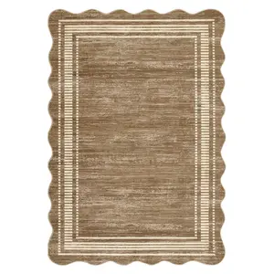 9 x 12 ft Polyester Light Brown Rectangular Geometric Bordered Living Room Bedroom Dining Room Machine Washable Area Rug-C