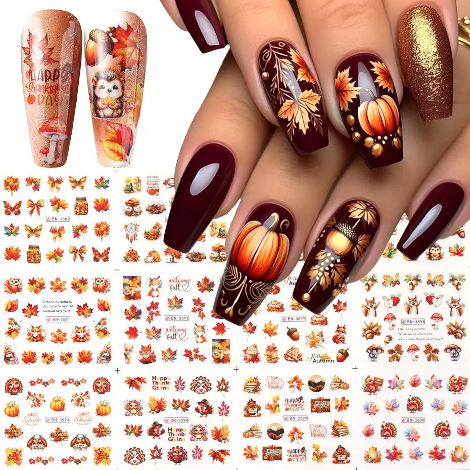 Autumn Maple Leaves Nail Art Stickers Sliders Hedgehog Squirrel  Fall Leaf Turkey Nail Water Transfer Sticker Decal Decorations