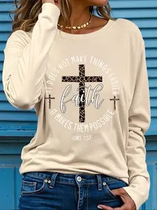 Women's Casual Round Neck Long Sleeve T-Shirt Top, Leopard Print Cross Letter Graphic Pattern, Spring & Fall Essential, Soft Fabric