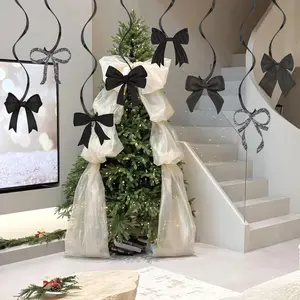 LaVenty 16Pcs Black Bow Banner Coquette Black Bow Birthday Party Decorations Vintage Glitter Bowknot Hanging Swirls Banner Garland Bridal Shower Bachelorette Party Decor