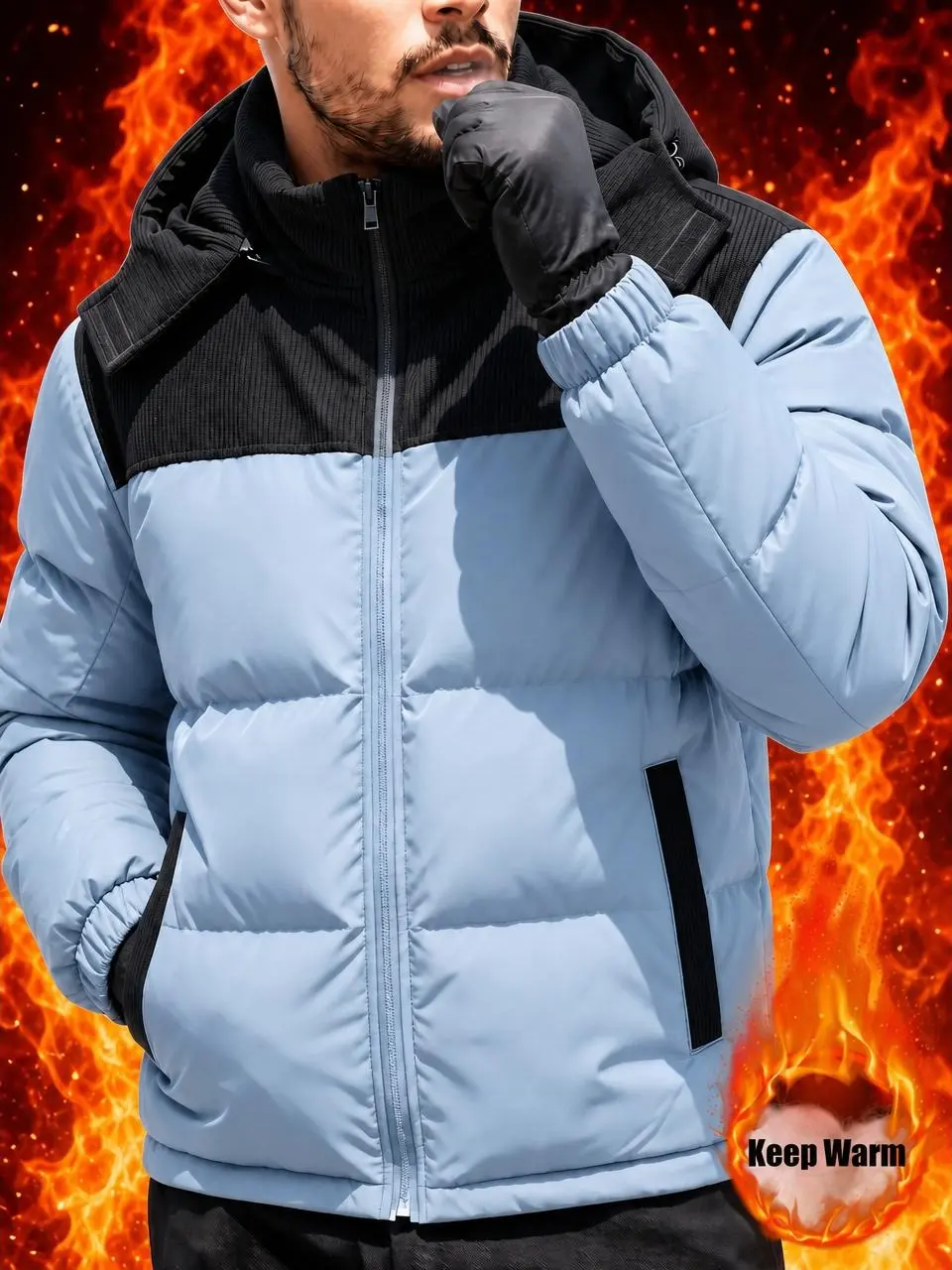 Men's Corduroy Patchwork Hooded Puffer Jacket - Elastic Cuffs, Zip Pockets, Machine Wash, Warm Casual Winter Coat for Daily Outdoor Wear