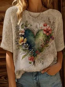 Spring Summer Knit Top, One Shoulder Straps, Colorblock Heart Print Short Sleeve, Casual Elegance Commute Wear, Women's Boho Beachwear