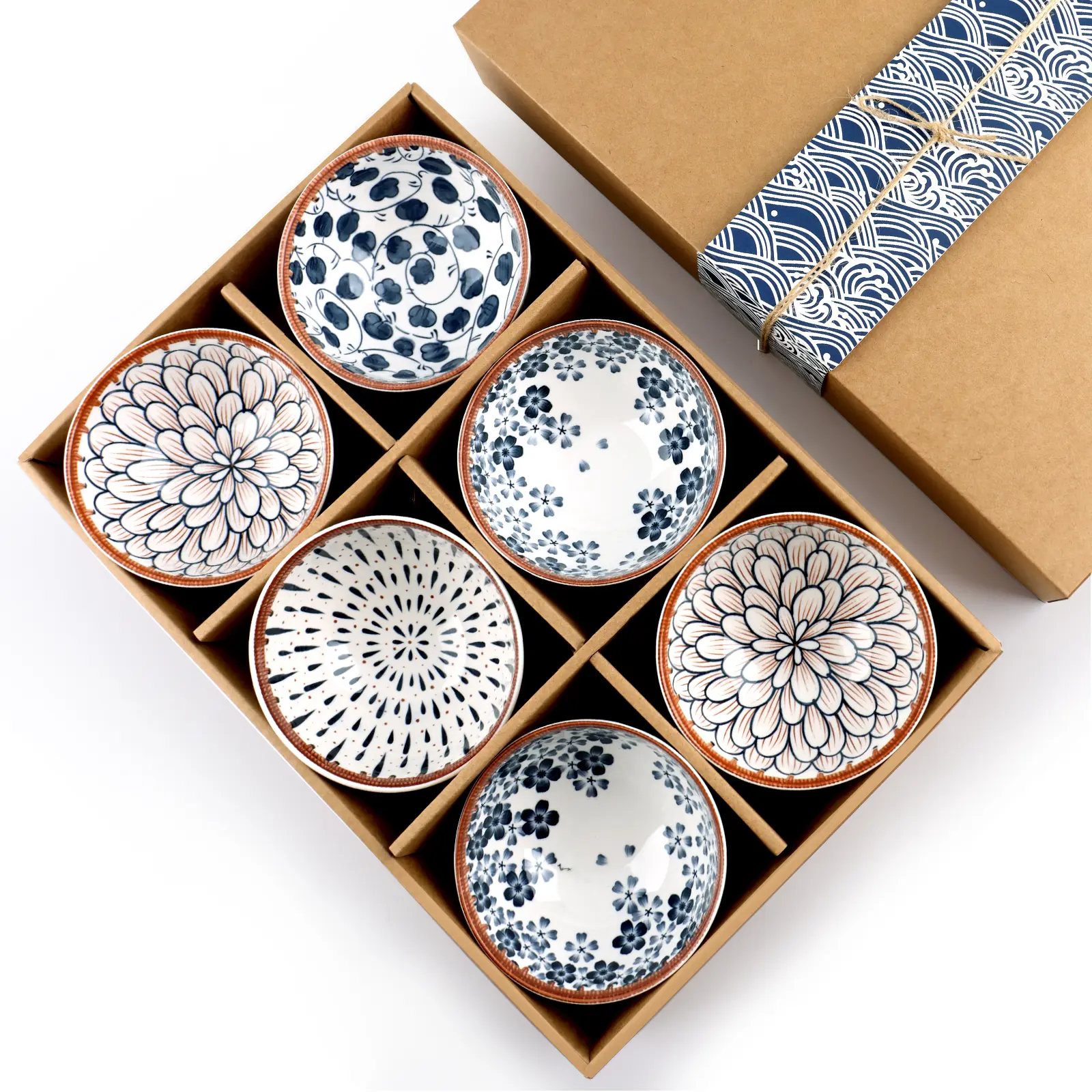 6-Pc Ceramic Serving Bowl Set, 10 oz Japanese Pottery Tableware with Gift Box, for Soup, Salads, Dishwasher & Microwave Safe, Classic