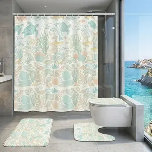 【Ocean Theme】Shower Curtain Set – Vintage Painted Sea Creatures with Turtles, Dolphins & Squid Pattern Print Bathroom Decor – 4 Piece Bath Set with Mat – Waterproof, Non-Slip Bathroom Rug Set – Nautical Baby Shower, Kids Bathroom, Summer Vacation