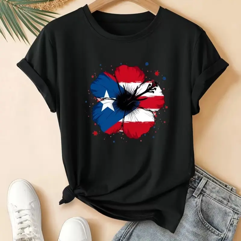 Vintage Paint Splash Puerto Rico Flag Hibiscus Flower Print Shirt Boricua Puerto Rican Heritage Casual Women Short Sleeve Gift Tee