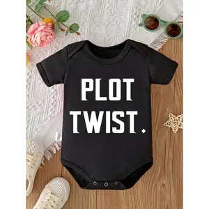 Cute Baby Bodysuit with Plot Twist Print Soft Versatile Round Neck Button Detail Regular Fit All Seasons Knitted Fabric Onesie for 0-12 Months