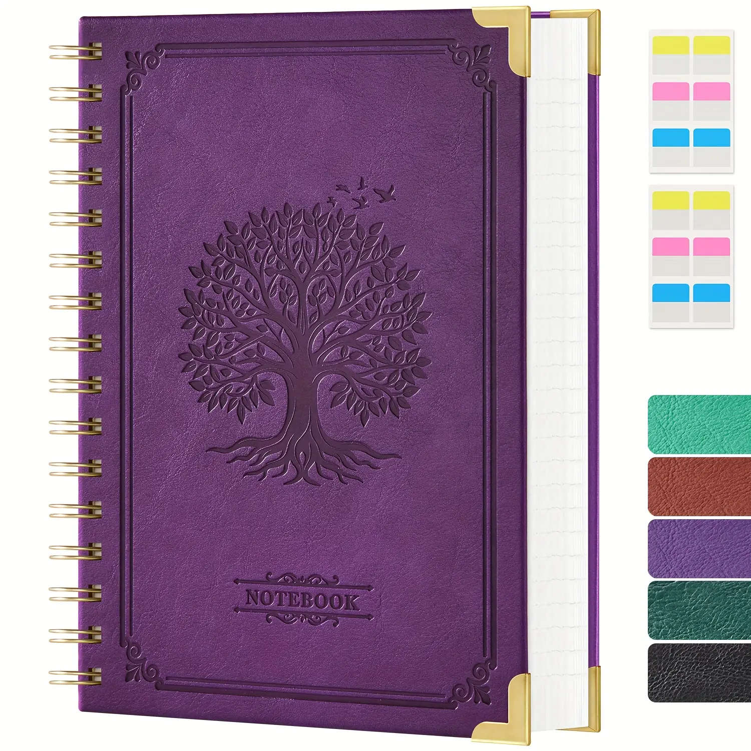 A5 Spiral Notebook Journal - 300 Lined 100GSM Thick No-Bleed Pages, Modern Vintage Leather Cover with Tree Embossed Design, Inner Pocket, 5.7"x8.4", Purple, Ideal Christmas Gift for Women