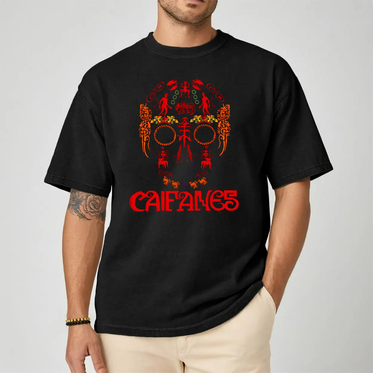 Men's Vintage Aztec Skull Graphic T-Shirt - Personalized, Seamless Hem, Short-Sleeve, Soft Pre-Shrunk Cotton, Fashion Layer Top, Customized